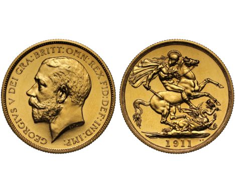 g George V (1910-36), gold Proof Two Pounds, 1911, bare head left, with raised BM for Bertram Mackennal on truncation, legend