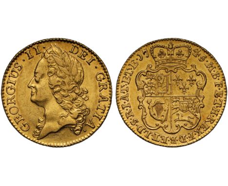 George II (1727-60), gold Guinea, 1745, intermediate laureate head left, legend and toothed border surrounding, GEORGIUS. II.