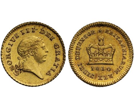 g George III (1760-1820), gold Third Guinea, 1810, third type, second laureate head right, Latin legend and toothed border su