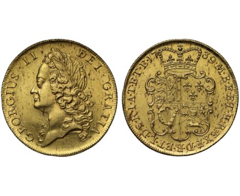 George II (1727-60), gold Two Guineas, 1739, intermediate laureate head left, legend and toothed border surrounding, GEORGIVS