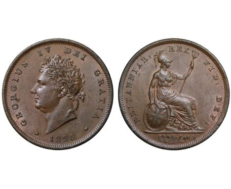 George IV (1820-30), copper Penny, 1826, laureate head left, date below, legend and toothed border surrounding, GEORGIUS IV D
