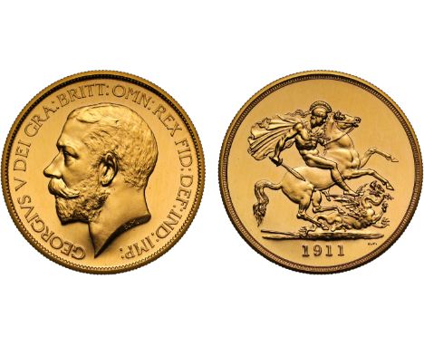 g George V (1910-36), gold Proof Five Pounds, 1911, bare head left, with raised BM for Bertram Mackennal on truncation, legen