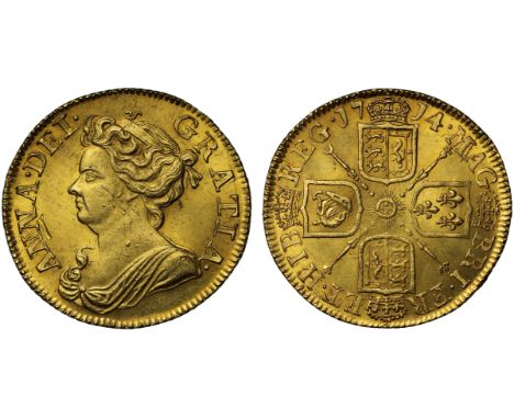 Anne (1702-14), gold Guinea, 1714, Post-Union, third draped bust left, legend surrounding, ANNA.DEI. GRATIA., toothed border 