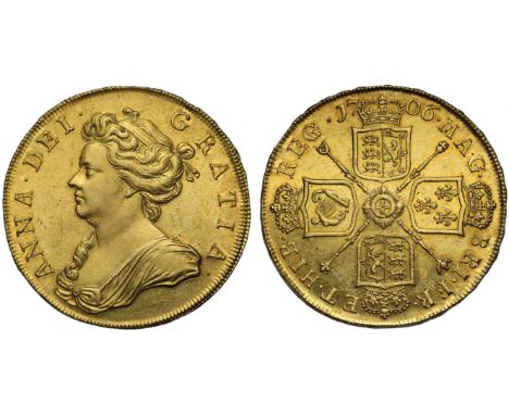 Anne (1702-14), gold Five Guineas, 1706, Post-Union type, first draped bust left, legend and toothed border surrounding, ANNA