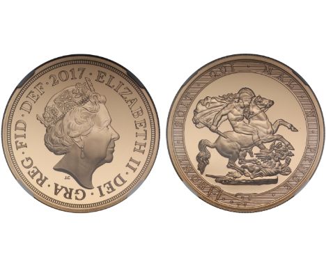 g Elizabeth II (1952 -), gold proof Five Pounds, 2017, crowned head right, JC initials below for designer Jody Clark, Latin l
