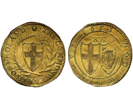 Commonwealth (1649-60), gold Unite of Twenty Shillings, 1653, English shield within laurel and palm branch, legends in Englis