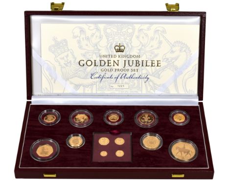 g Elizabeth II (1952 -), gold thirteen-coin proof Set, 2002, struck for the Golden Jubilee of the Reign, the current denomina