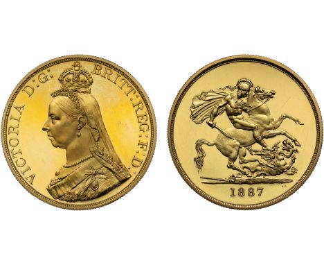 g Victoria (1837-1901), gold Proof Five Pounds, 1887, Jubilee type crowned bust left, J.E.B. initials on truncation, legend s