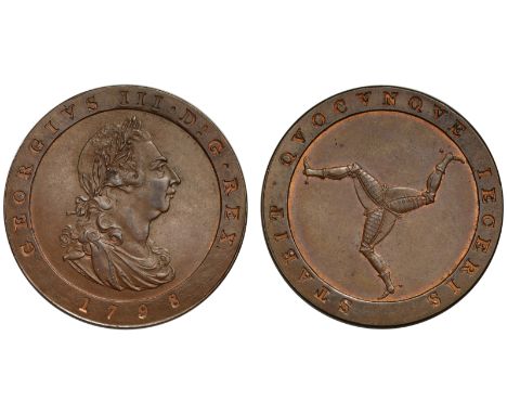 † Isle of Man, George III (1760-1820), copper Proof Penny, 1798, restrike in copper on a thin flan, laureate and draped bust 