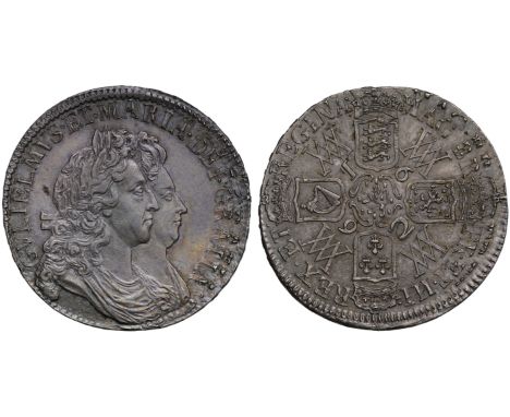 William and Mary (1688-94), silver Crown, 1692, 2 of date struck over inverted 2, conjoined busts right, legend surrounding, 