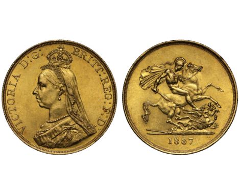 g Victoria (1837-1901), gold Five Pounds, 1887, Jubilee type crowned bust left, J.E.B. initials on truncation, legend surroun