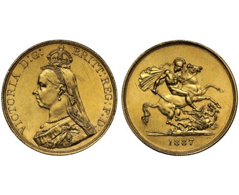 g Victoria (1837-1901), gold Five Pounds, 1887, Jubilee type crowned bust left, J.E.B. initials on truncation, legend surroun