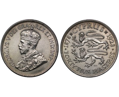 Cyprus, British Colony, George V (1910-36), silver 45-Piastres, 1928 (Pr. 1; KM 19). Light hairlines, about extremely fine.