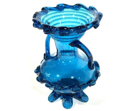 A vintage hand blown deep blue Italian glass vase of twin-handled form 23.5cm high 