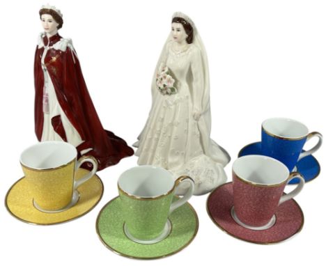 Two Worcester figures, ‘Queen Elizabeth II’ and ‘The Bride’, together with a collection of Royal commemorative harlequin Worc