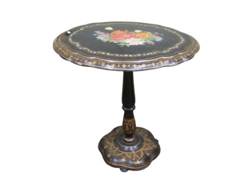 A Victorian papier mache snap top table with mother of pearl and painted detail, on turned pillar and platform base, 67cm hig