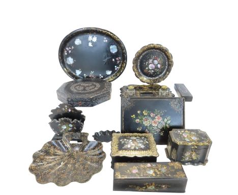 A collection of Victorian papier mache highly decorated in mother-of-pearl and chinoiserie items, including caddies, a tray, 