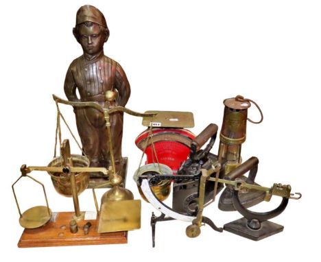 Various vintage scales, iron miners lamp, Dutch boy companion set, etc