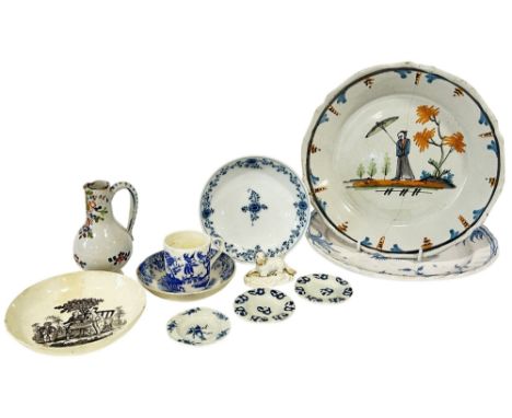 A small collection of 18th century and later porcelain to include continental tin glazed plates, small jug, saucers, etc