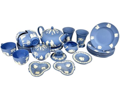 A Wedgwood blue ground Jasperware tea service for six with neoclassical decoration, further Jasperware trinket dishes, vases,