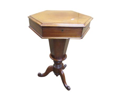 A Victorian mahogany trumpet shaped workbox of hexagonal form on tripod base 