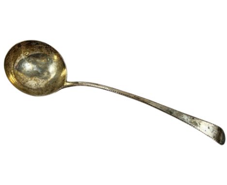 An 18th century feather edged ladle with stamp initial JL, London date mark rubbed, makers mark John Lamb, 5.1 ozs