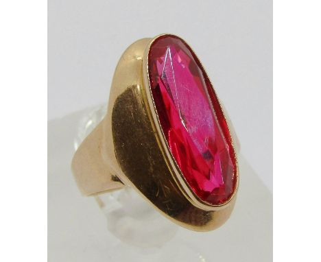 Russian 14ct synthetic oval ruby dress ring, stamped '583', size N, 5.3g