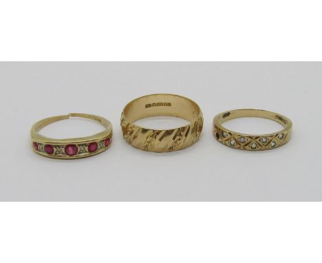 Three 9ct rings comprising a wedding ring, size P, a ruby and diamond half hoop ring (cut) and a further colourless stone set
