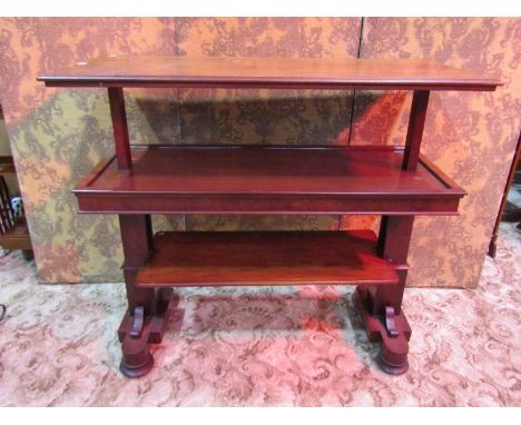 A Victorian mahogany metamorphic buffet on three rectangular tiers raised on square and moulded supports set on shaped platfo