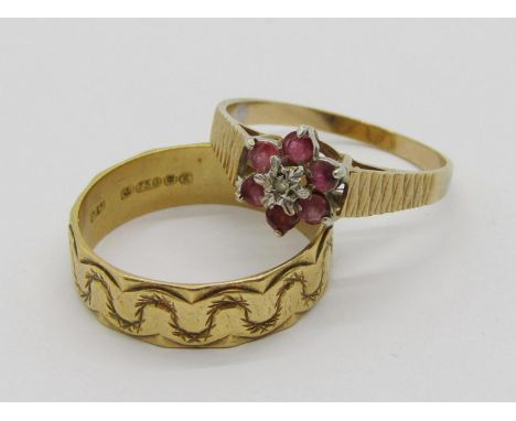 1970s 18ct wedding ring with wavy detail, 4.6g and a 1980s 9ct ruby and illusion set diamond cluster ring, 2.2g, both size R/