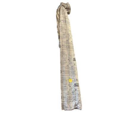 A pair of linen curtains decorated with 19th century bill head, receipt scripts and cherubs, etc, lined and thermal interline