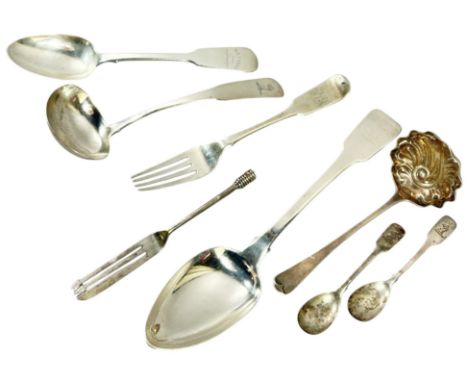 A mixed selection of silver cutlery to include a ladle, a pair of mustard spoons, serving spoon, dessert spoon and fork, mixe