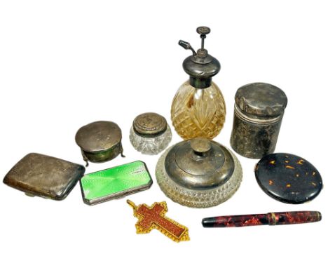 A small selection of silver including a green enamel silver cigarette case, another cigarette case, three glass jars with sil