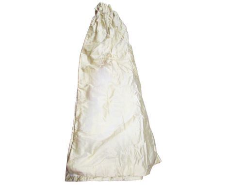 Three pairs of golden/cream silk interlined curtains with pinch pleats, 228cm long x 200cm wide x 77cm wide