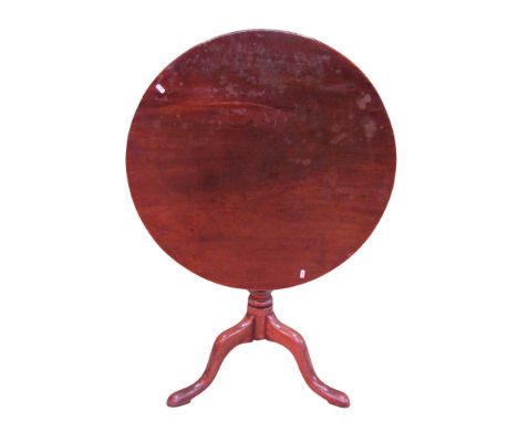 A Georgian mahogany snaptop table, circular one piece top 76W raised on a turned pillar and tripod base