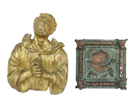An antique gilded wooden carving of a Saint or an Apostle, 18cm x 13cm, together with a bronze tile of San Zeno of Verona , o