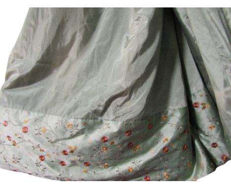 Two pairs of green satin curtains, with matching pelmet and floral borders, lined and thermal interlined, 2m20cm long x 2m 55