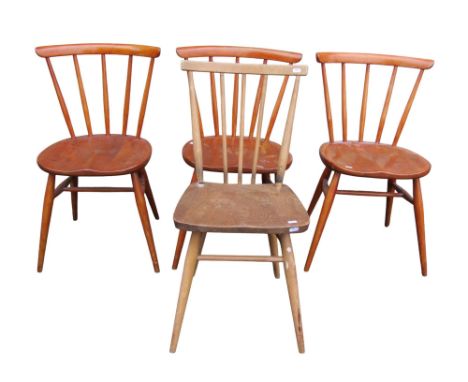 A set of three stained elm and beech stick back chairs (possibly Ercol)  together with one other (4) (af) 