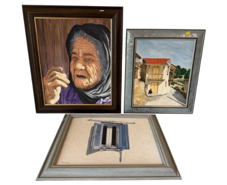 Harry Hawkins (Contemporary) - Three paintings depicting Cypriot scenes, including a portrait inscribed 'Melpomene Kato Arkod