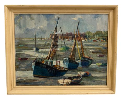 Marion Coker (20th Century) - Fishing boats on an estuary at low tide, oil on board, signed below, 36 x 46 cm, framed