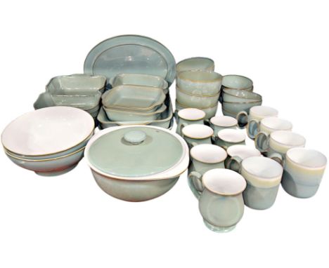 A selection of Denby ‘Regency Green’ Tableware including mugs and cups, bowls , a serving platter, tureens, open serving bowl