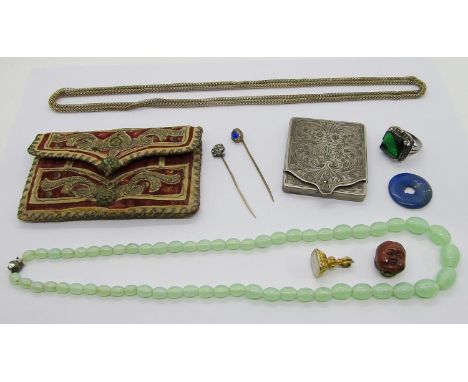 Mixed group of antique jewellery and bijouterie to include a gilt metal seal fob engraved 'Margaret', an 800 silver matchbook