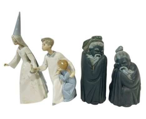 Four Lladro figures including two Japanese characters in a dark finish and two others (4) 