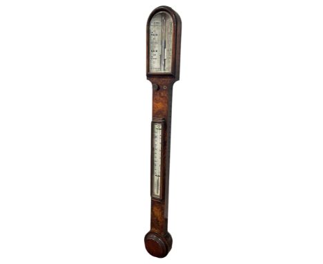 J Hicks, Hatton Garden, London, a burr walnut veneered stick barometer fitted with a mercury thermometer. Ivory Submission Re