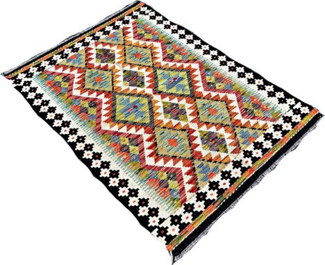 A Chobi Kilim rug with four alternating rows of stepped diamonds 148cm x 105cm approximately 