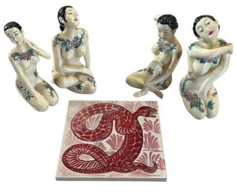 Four Japanese naked tattooed bathing beauties, together with a modern de Morgan Serpent Tile