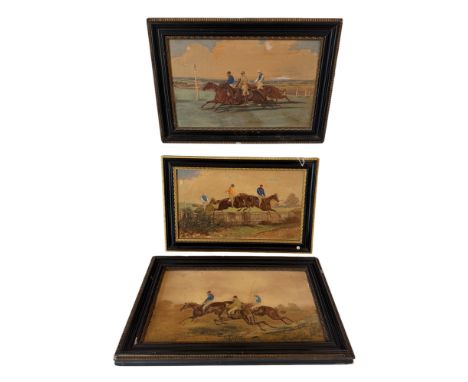 English School (19th century) Equestrian scene with horses and jockeys jumping over a fence, oil over painted print on board,