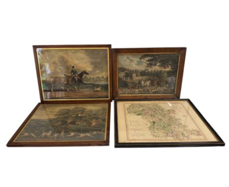 Three 19th century hunting prints and a map of Gloucestershire: C. Smith - 'A New Map of the County of Gloucester, Divided in