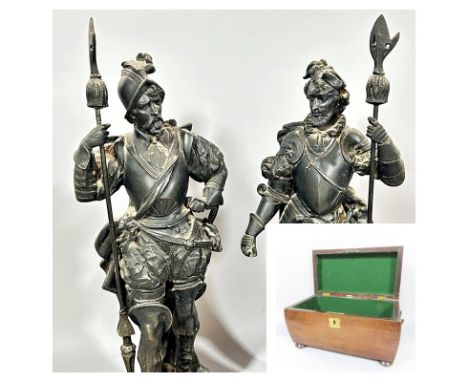 A Regency rosewood sarcophagus shaped tea caddy with brass fittings (void) together with a pair of 19th century French spelte