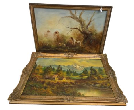 Two 20th Century oil paintings, to include: A mountainous landscape signed indistinctly lower right, frame dimensions: 76 x 1